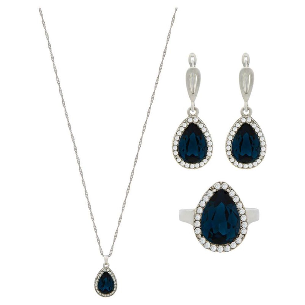 Timeless Teardrop Blue Crystal Pendant Necklace, Earrings, and Ring (Size 8)
